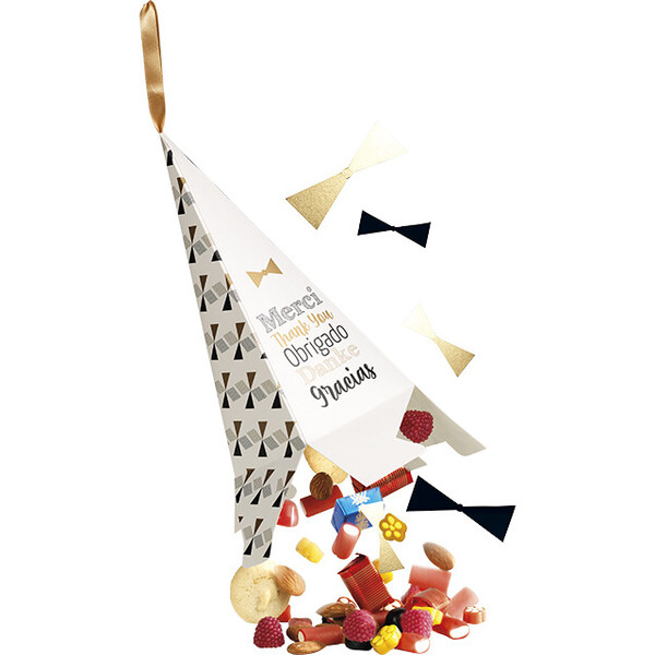 Pirámide papel GRACIAS blanco/negro/dorado cinta de satén oro