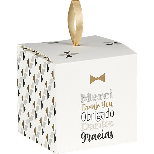 Cube papier MERCI blanc/noir/or ruban satin or