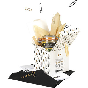 Cube papier MERCI blanc/noir/or ruban satin or 2
