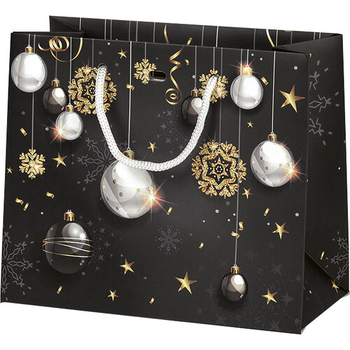 Bag paper MERRY CHRISTMAS black/gold/Christmas ball white cord handles eyelet