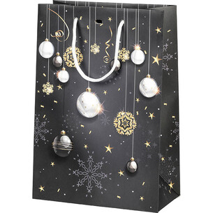 Sac papier BONNES FÊTES noir/or/boules poignées corde...