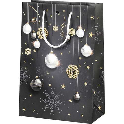 Sac papier BONNES FÊTES noir/or/boules poignées corde blanche œillet de fermeture