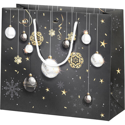 Sac papier BONNES FÊTES noir/or/boules poignées corde blanche œillet de fermeture