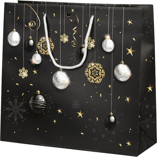 Sac papier BONNES FÊTES noir/or/boules poignées corde blanche œillet de fermeture