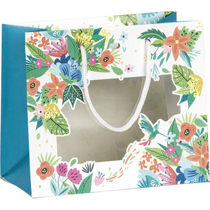Sac papier bleu /décor fleurs fenêtre PVC poignées corde... 2