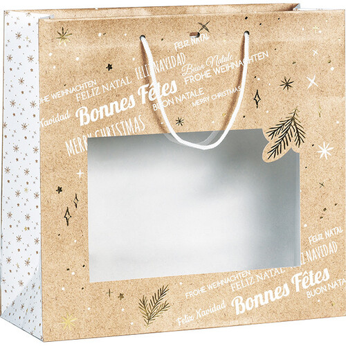 Sac papier BONNES FÊTES kraft/blanc/dorure à chaud or/fenêtre PVC poignées corde blanche oeillet de fermeture
