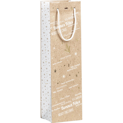 Bolsa papel 1 botella FELIZ NAVIDAD kraft/blanco/dorado caliente ventana PVC asas cordón blanco ojal