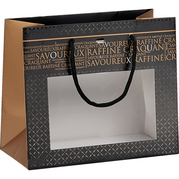 Sac papier SAVOUREUX noir/cuivre/vernis sélectif fenêtre PET/poignées corde/oeillet de fermeture