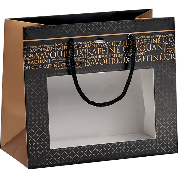 Sac papier SAVOUREUX noir/cuivre/vernis sélectif fenêtre PET/poignées corde/oeillet de fermeture