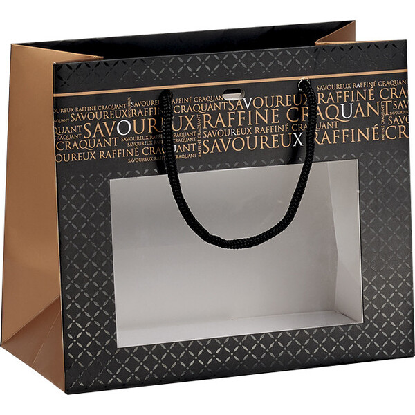 Sac papier SAVOUREUX noir/cuivre/vernis sélectif fenêtre PET/poignées corde/oeillet de fermeture
