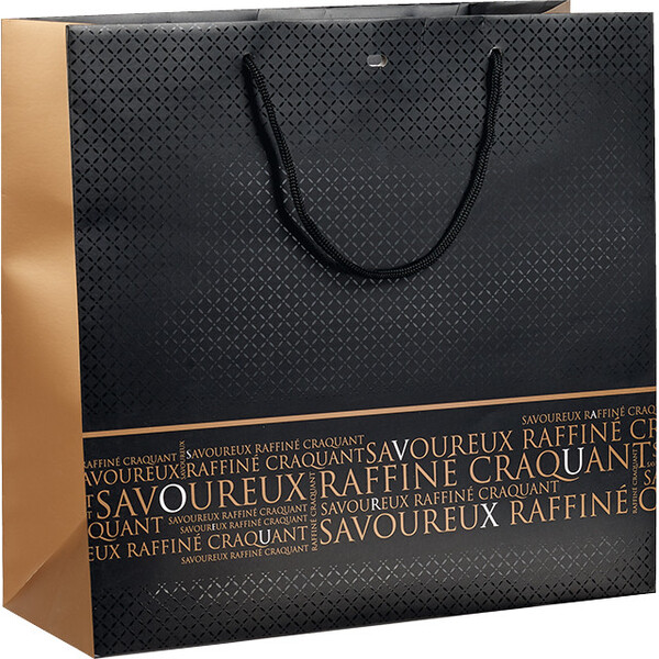 Sac papier SAVOUREUX  noir/cuivre/vernis sélectif poignées corde/oeillet de fermeture