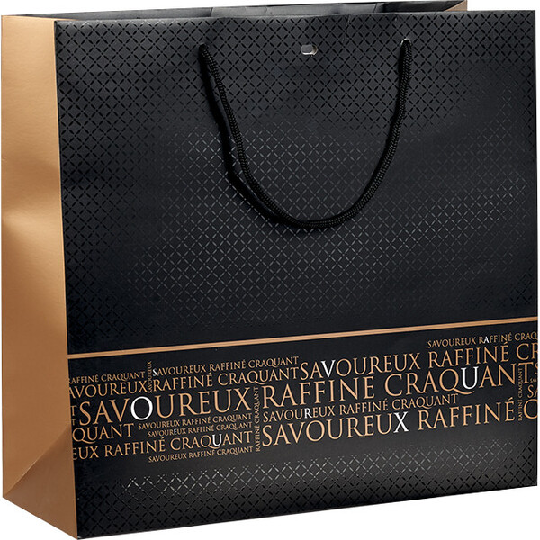 Sac papier SAVOUREUX noir/cuivre/vernis sélectif poignées corde/oeillet de fermeture-Les Bonnes Affaires 2026
