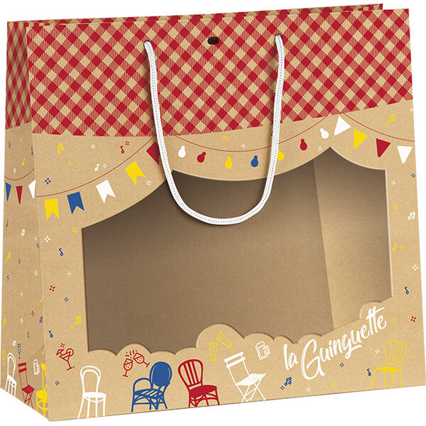 Bag paper kraft LA GUINGUETTE PET window red cord handles eyelet