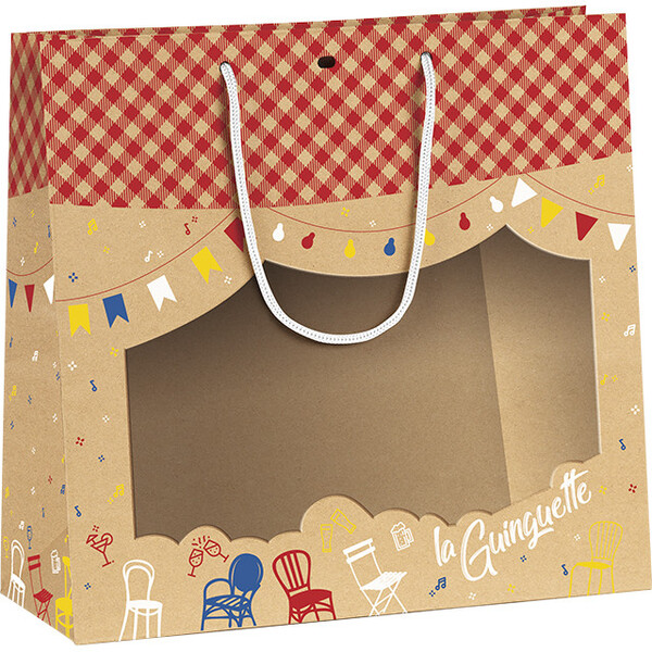 Bag paper kraft LA GUINGUETTE PET window red cord handles eyelet