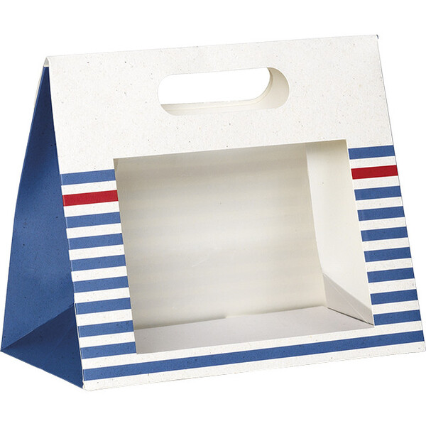 Saco papel pochette branco/azul/vermelho janela PET fechamento adesivo O MAR