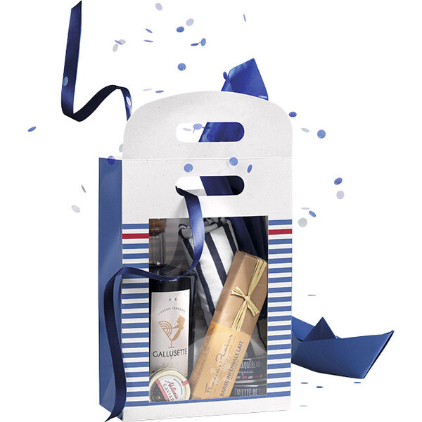 Saco papel pochette branco/azul/vermelho janela PET fechamento adesivo O MAR