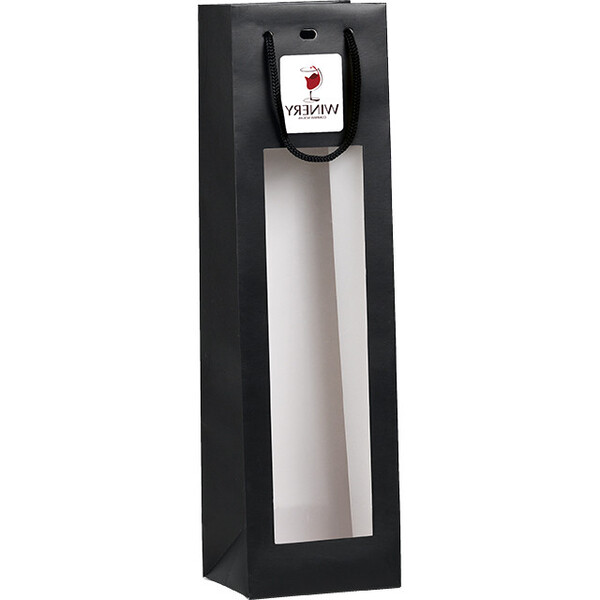 Bolsa papel 1 botella negro ventana PVC asas cordón ojal