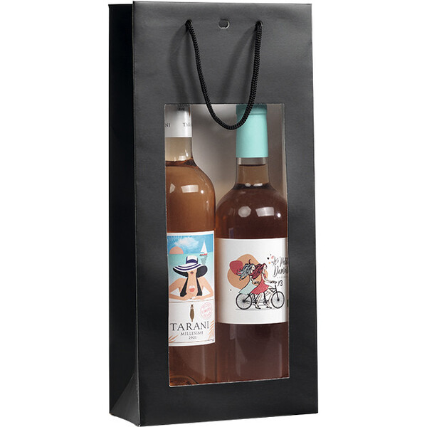 Bolsa papel 2 botellas negro ventana PVC asas cordón ojal separador