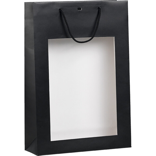 Sac papier 3 bouteilles noir fenêtre PVC poignées corde oeillet de fermeture intercalaire