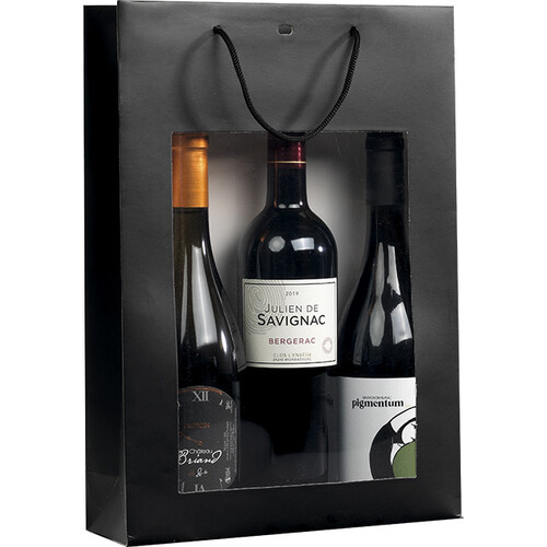Bolsa papel 3 botellas negro ventana PVC asas...