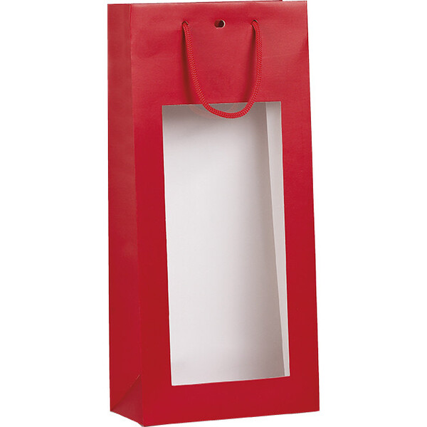 Bolsa papel 2 botellas rojo ventana PVC asas cordón ojal separador