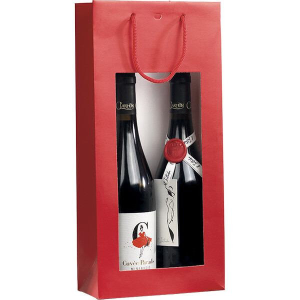 Bolsa papel 2 botellas rojo ventana PVC asas cordón ojal separador