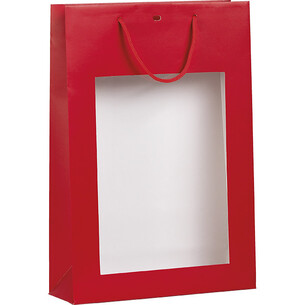 Saco papel 3 garrafas vermelho janela PET alças cordão...