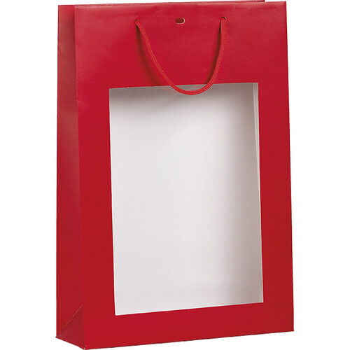 Saco papel 3 garrafas vermelho janela PET alças cordão ilhó separação