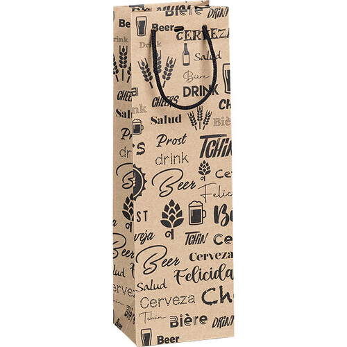 Bag paper kraft 1 bottle beer black design PET window cord handles eyelet