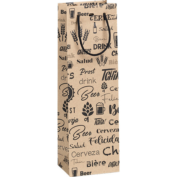 Saco papel kraft 1 garrafa cerveja preto janela PET alças cordão ilhó