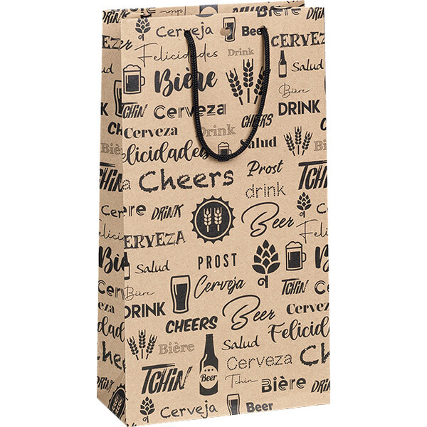 Sac papier kraft 2 bouteilles bière décor noir poignées corde oeillet de fermeture intercalaire