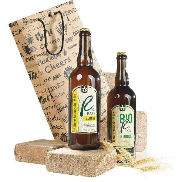 Sac papier kraft 2 bouteilles bière décor noir poignées corde oeillet de fermeture intercalaire