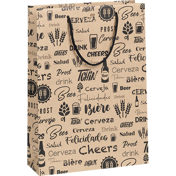 Bag paper kraft 3 bottles beer black design PET window cord handles eyelet divider