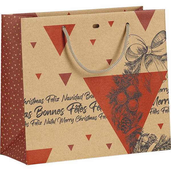 Saco papel kraft FELIZ NATAL vermelho/vintage alças cordão kraft ilhó