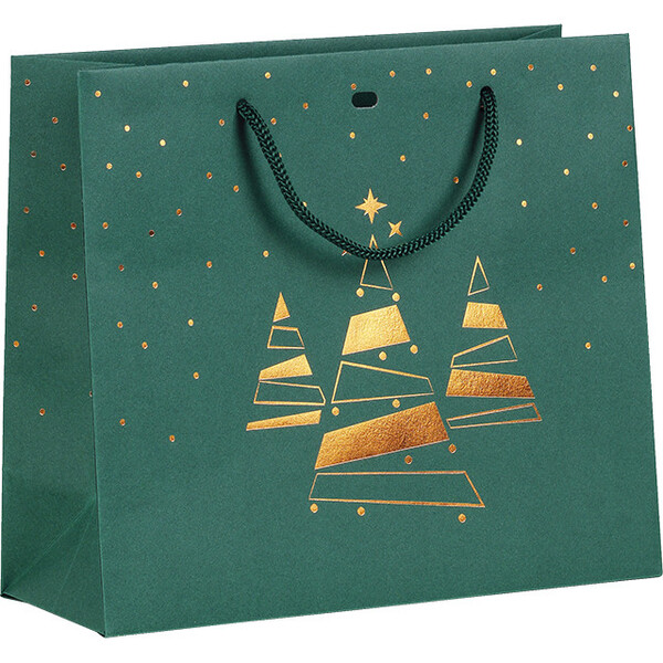 Bag paper MERRY CHRISTMAS green/copper hot foil stamping  Christmas trees green cord handles eyelet