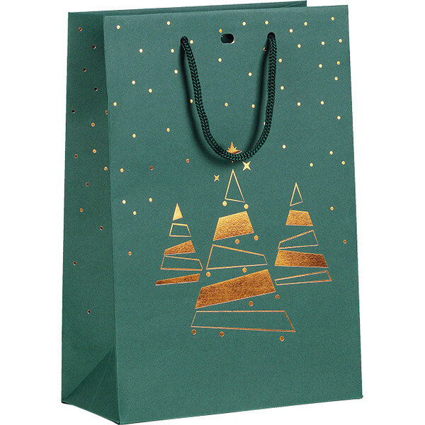 Bag paper MERRY CHRISTMAS green/copper hot foil stamping Christmas trees green cord handles eyelet