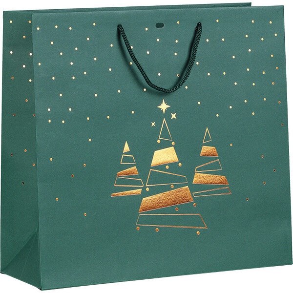 Bag paper MERRY CHRISTMAS green/copper hot foil stamping  Christmas trees green cord handles eyelet