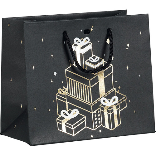 Sac papier CADEAUX noir/dorure à chaud or corde noire oeillet de fermeture