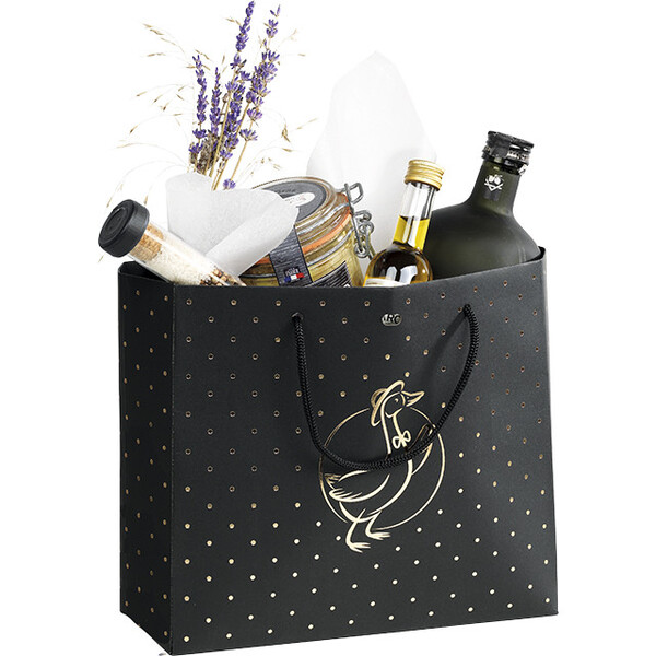 Sac papier TERROIR CHIC noir/dorure à chaud or corde noire oeillet de fermeture