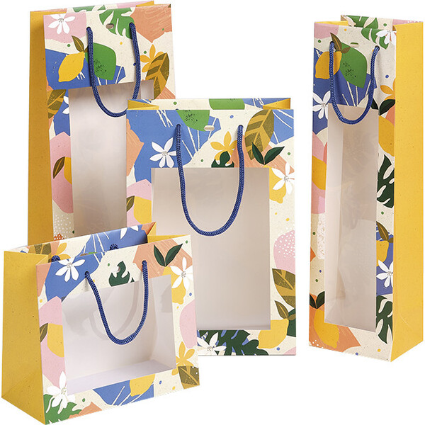 Sac papier 1 bouteille JARDIN D'AGRUMES poignées corde bleue oeillet de fermeture