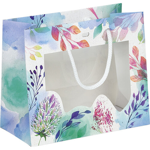 Sac papier FLEURS D'AQUARELLE fenêtre PET poignées corde blanche oeillet de fermeture