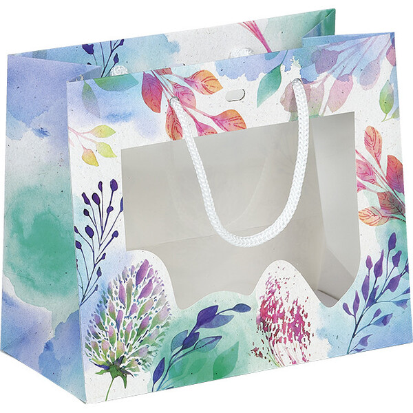 Sac papier FLEURS D'AQUARELLE fenêtre PET poignées corde blanche oeillet de fermeture