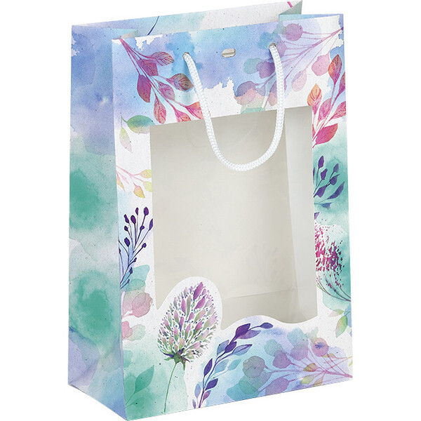 Sac papier FLEURS D'AQUARELLE fenêtre PET poignées corde blanche oeillet de fermeture