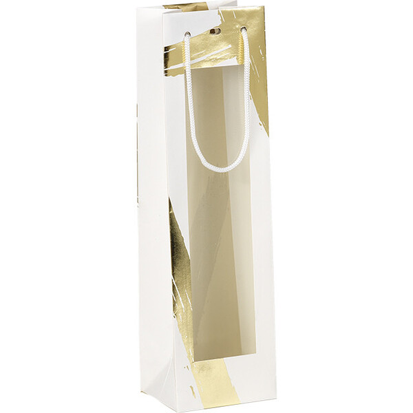 Saco papel 1 garrafa ASSINATURA branco/estampagem a quente ouro janela PET alças cordão branco ilhó