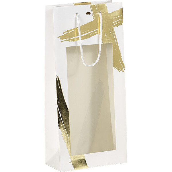 Bolsa papel 2 botellas SIGNATURE blanco/estampación en caliente dorado ventana PET asas cordón blanco ojal separador