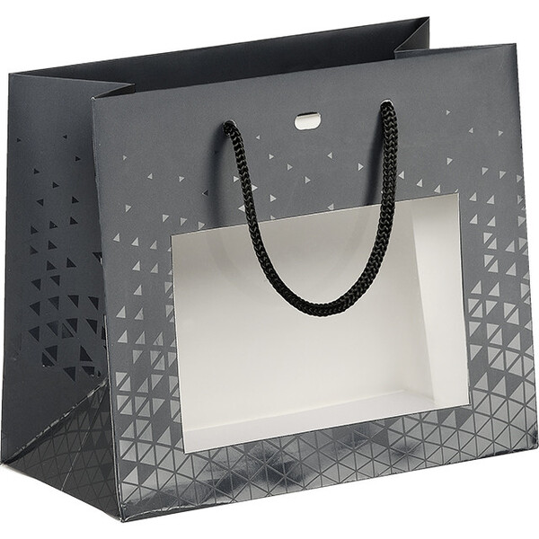 Sac papier OMBRE ET LUMIERE gris/vernis sélectif fenêtre PET poignées corde noire oeillet de fermeture