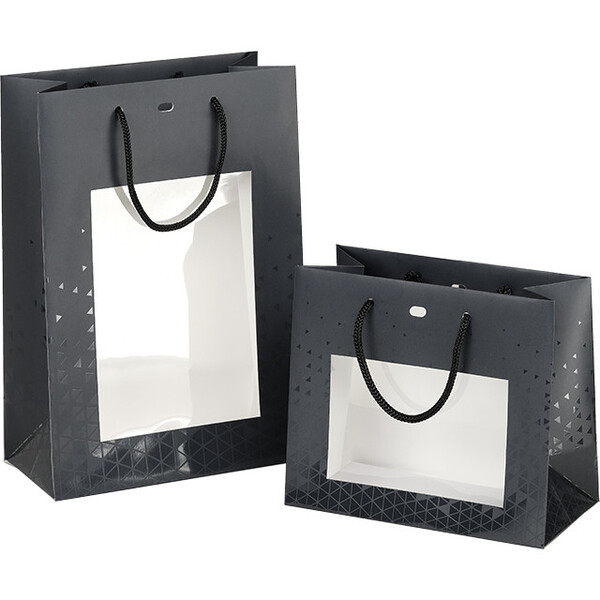 Bag paper LIGHTS AND SHADOWS grey/UV printing PET window cord handles grey eyelet