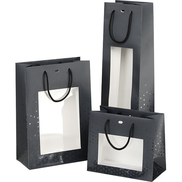 Saco papel LUZ E SOMBRA cinza/impressão UV janela PET alças cordão cinza ilhó