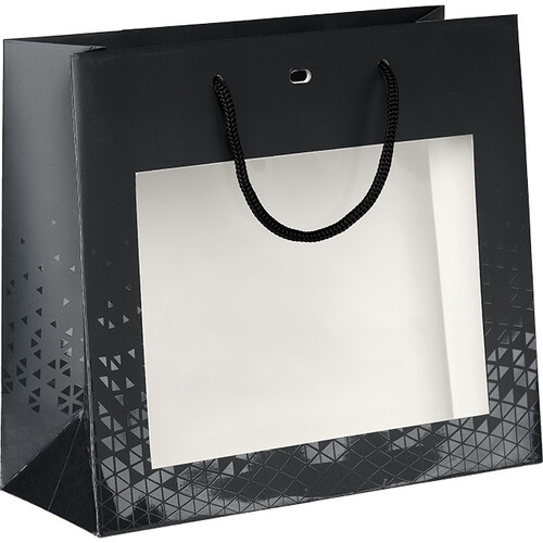 Sac papier OMBRE ET LUMIERE gris/vernis sélectif fenêtre PET poignées corde noire oeillet de fermeture