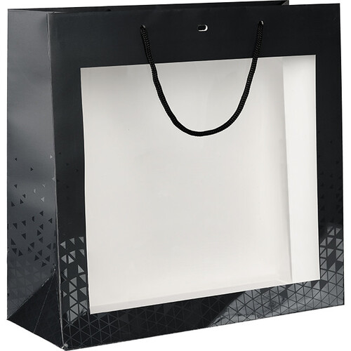 Sac papier OMBRE ET LUMIERE gris/vernis sélectif fenêtre PET poignées corde noire oeillet de fermeture
